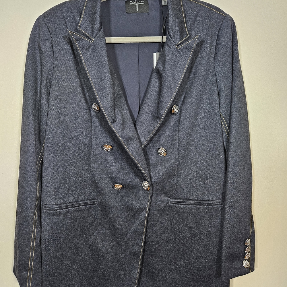 T Tahari Navy Double-Breasted Blazer
